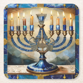 Posavasos Cuadrado De Papel Blue Hanukkah Menorah