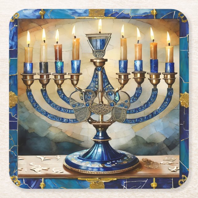 Posavasos Cuadrado De Papel Blue Hanukkah Menorah (Anverso)
