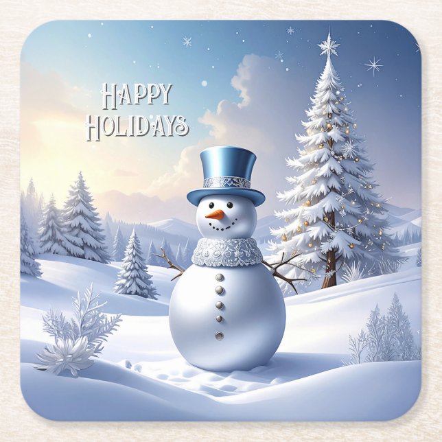 Posavasos Cuadrado De Papel Blue Hat Snowman Christmas Tree Holiday (Anverso)