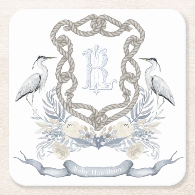 Posavasos Cuadrado De Papel Blue Heron Rope Monogram Crest (Anverso)