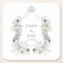 Posavasos Cuadrado De Papel Blue Heron Waterfowl Boda Eéreo Floral Blanca