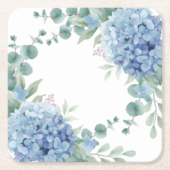 Posavasos Cuadrado De Papel Blue Hydrangea Floral Bridal Shower (Anverso)