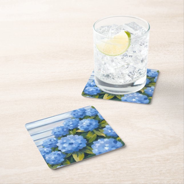 Posavasos Cuadrado De Papel Blue Hydrangeas Bushes Floral Painting (In situ)