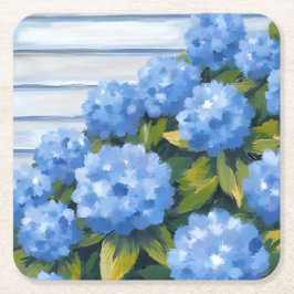 Posavasos Cuadrado De Papel Blue Hydrangeas Bushes Floral Painting