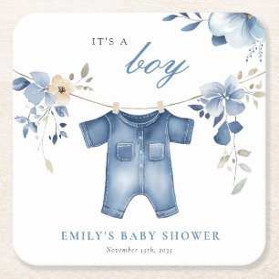 Posavasos Cuadrado De Papel Blue Jean Denim Sweet Boy Baby Shower
