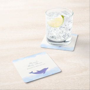 Posavasos Cuadrado De Papel Blue Minimalista Boho Ocean Dolphin Baby Shower