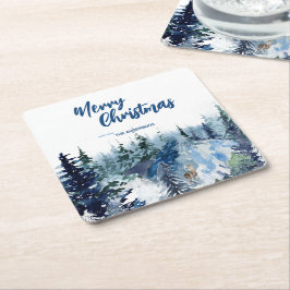 Posavasos Cuadrado De Papel Blue Modern Merry xmas tree forest Rindeer