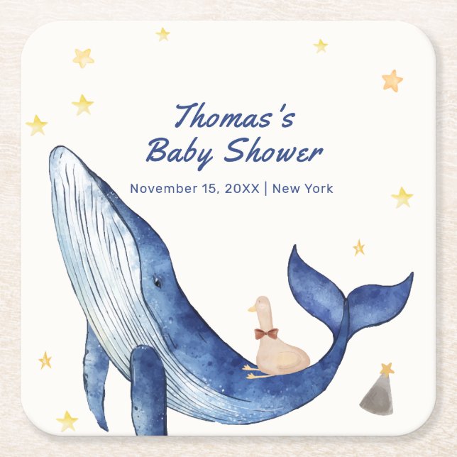 Posavasos Cuadrado De Papel Blue Ocean Whimsical Duck Stars Whale Baby Shower (Anverso)
