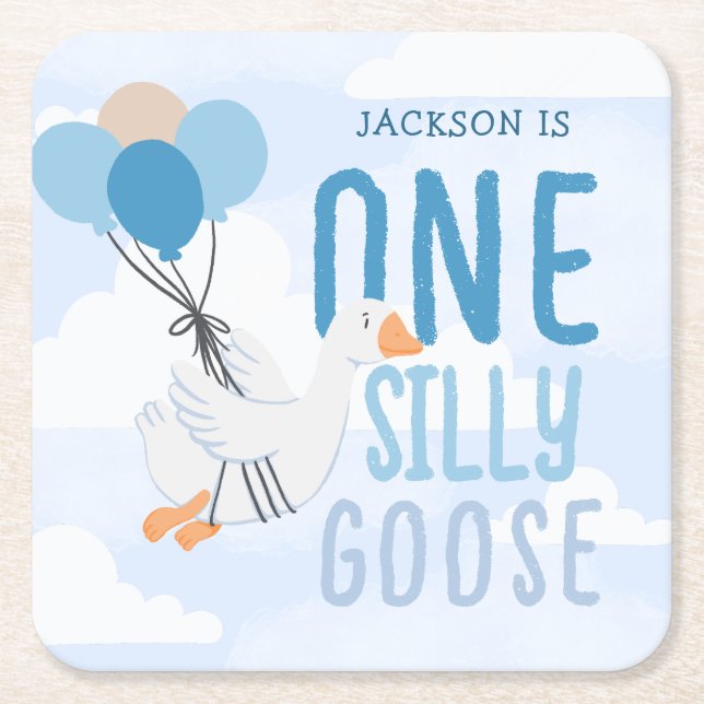 Posavasos Cuadrado De Papel Blue One Silly Goose Primer cumpleaños (Anverso)