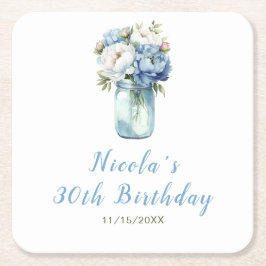 Posavasos Cuadrado De Papel Blue Peonies Mason Jar Birthday