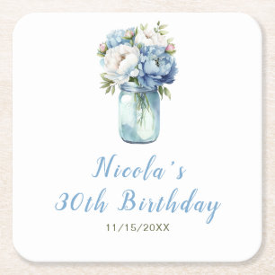 Posavasos Cuadrado De Papel Blue Peonies Mason Jar Birthday