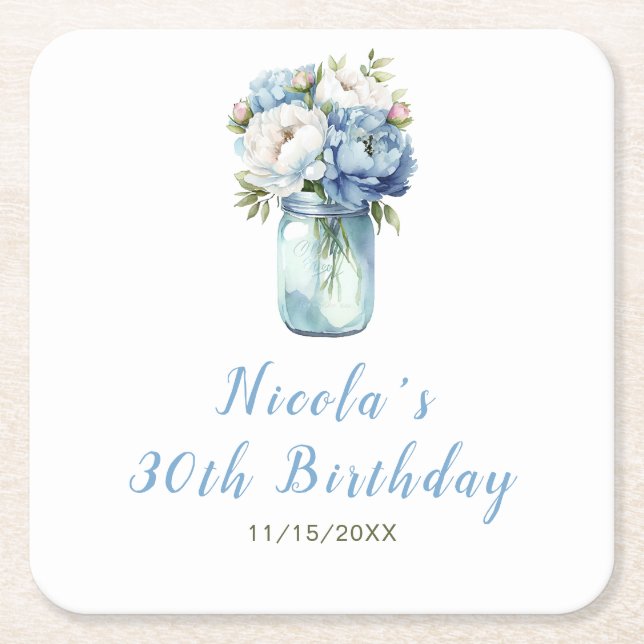 Posavasos Cuadrado De Papel Blue Peonies Mason Jar Birthday (Anverso)