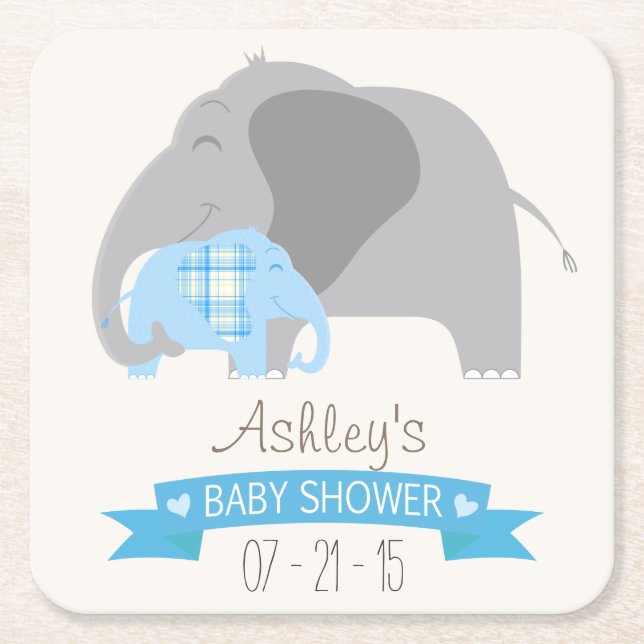 Posavasos Cuadrado De Papel Blue Plaid Baby Elephant Baby Shower (Anverso)