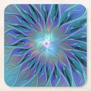 Posavasos Cuadrado De Papel Blue Purple Flower Dream Resumen arte fractal