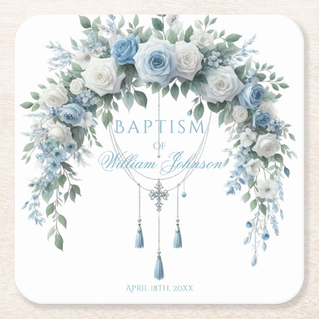 Posavasos Cuadrado De Papel Blue Rose & Silver Cross Baptism Coaster (Anverso)