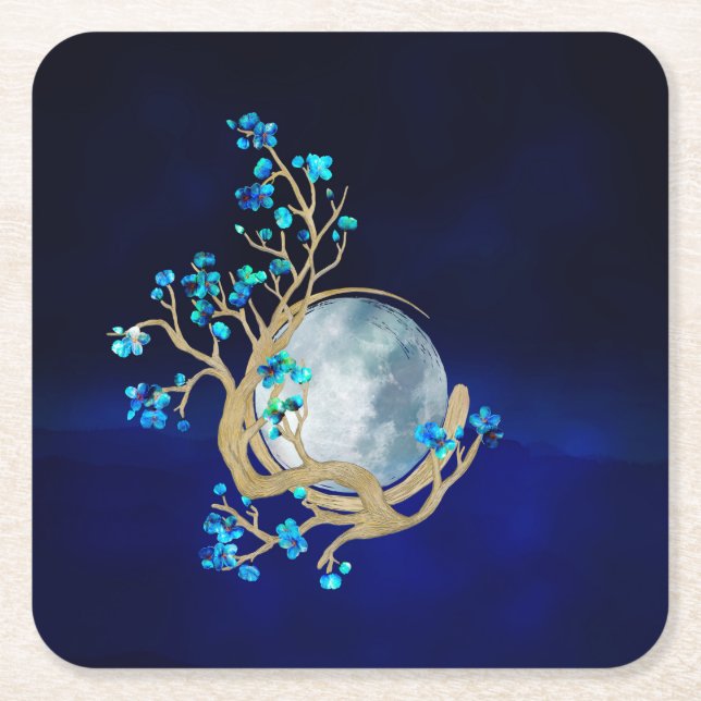 Posavasos Cuadrado De Papel Blue Sakura Blossom Zen Moon (Anverso)