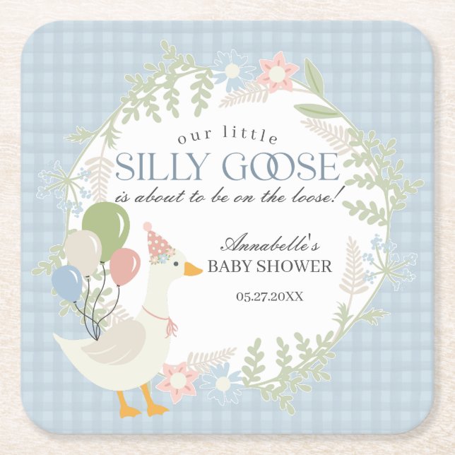 Posavasos Cuadrado De Papel Blue Silly Goose Floral Gingham Baby Shower (Anverso)