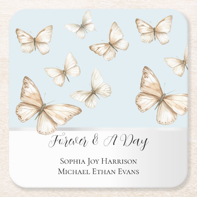 Posavasos Cuadrado De Papel Blue Skies & Butterflies Wedding  (Anverso)