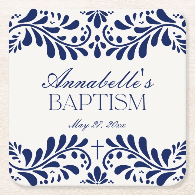 Posavasos Cuadrado De Papel Blue Talavera Tile Español Fiesta Baptismo (Anverso)