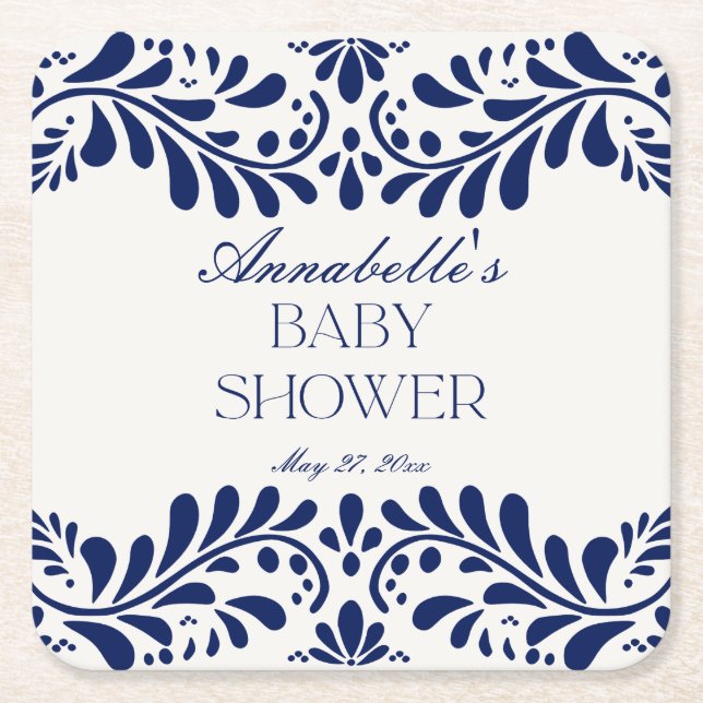 Posavasos Cuadrado De Papel Blue Talavera Tile Spanish Fiesta Baby Shower (Anverso)