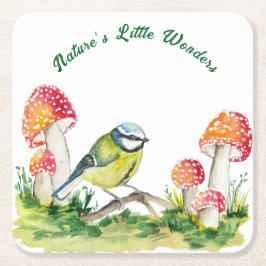 Posavasos Cuadrado De Papel Blue Tit and Fly Agaric in a Forest Clearing