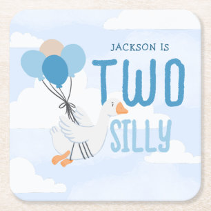 Posavasos Cuadrado De Papel Blue Two Silly Goose Segundo Fiesta de Cumpleaños