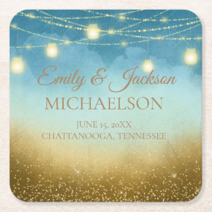 Posavasos Cuadrado De Papel Blue Verde azulada Gold String LIghts Mason Jars B