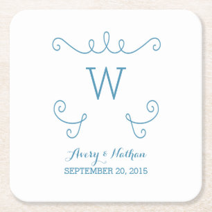 Posavasos Cuadrado De Papel Blue Whimsical Flourier Monograma Papel Astras