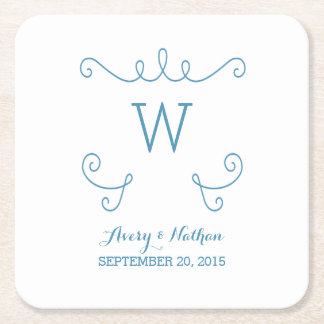 Posavasos Cuadrado De Papel Blue Whimsical Flourier Monograma Papel Astras