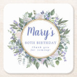 Posavasos Cuadrado De Papel Blue White Floral 80th Birthday Party<br><div class="desc">Las rosas blancas y las flores azules crean un marco floral bonito y elegante. El nombre de la mujer de cumpleaños está escrito en un gran tipo de letra azul. 80 Aniversario y le siguen los sentimientos de agradecimiento. También están en azul. Un marco dorado doble define el interior del...</div>