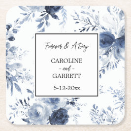 Posavasos Cuadrado De Papel Blue White Romantic Floral Wedding