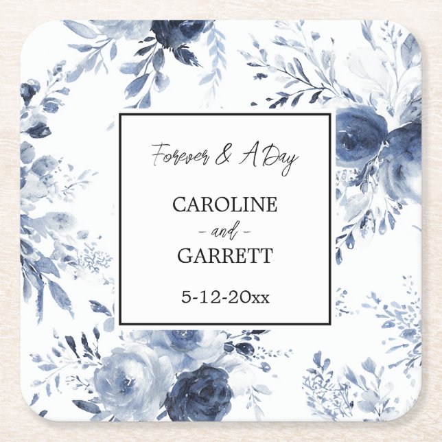 Posavasos Cuadrado De Papel Blue White Romantic Floral Wedding (Anverso)
