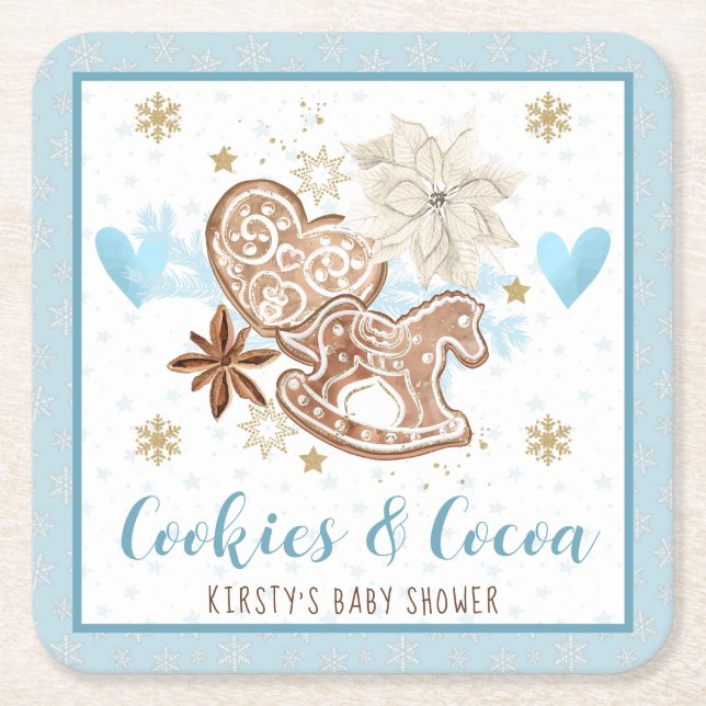 Posavasos Cuadrado De Papel Blue Winter Cookies & Cocoa Baby Shower (Anverso)