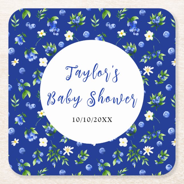Posavasos Cuadrado De Papel Blueberry Floral Baby Shower (Anverso)