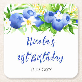 Posavasos Cuadrado De Papel Blueberry Floral Birthday