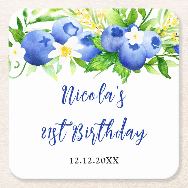 Posavasos Cuadrado De Papel Blueberry Floral Birthday (Anverso)