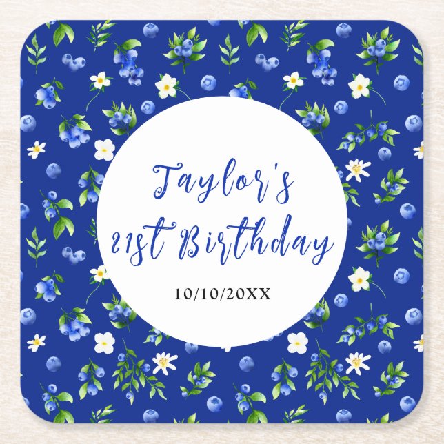 Posavasos Cuadrado De Papel Blueberry Floral Birthday Party (Anverso)