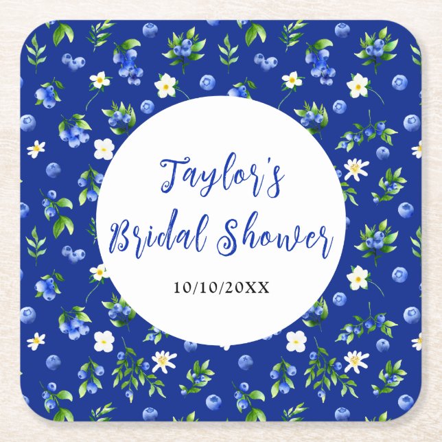 Posavasos Cuadrado De Papel Blueberry Floral Bridal Shower (Anverso)