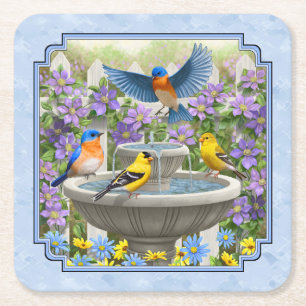 Posavasos Cuadrado De Papel Bluebirds Goldfinches Flower Garden Fuente Azul