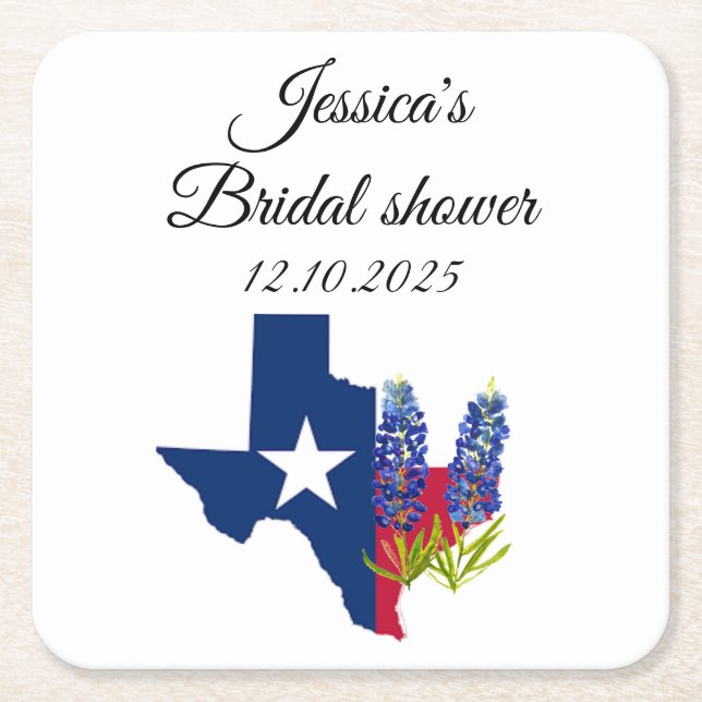Posavasos Cuadrado De Papel Bluebonnets Floral azul acuarela Ducha de novia (Anverso)
