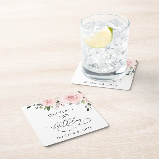 Posavasos Cuadrado De Papel Blush Flowers, Pink Flowers, Greenery, Birthday (In situ)