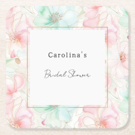 Posavasos Cuadrado De Papel Blush Pink Mint Flowers Bridal Shower