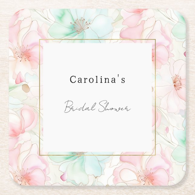 Posavasos Cuadrado De Papel Blush Pink Mint Flowers Bridal Shower (Anverso)