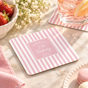 Posavasos Cuadrado De Papel Blush Rosa Raya Cumpleaños 21 Costero Chic