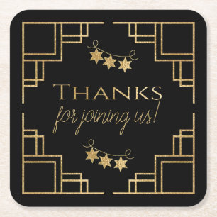 Posavasos Cuadrado De Papel BM Bar o Bat Mitzvah Black Art Deco