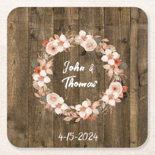 Posavasos Cuadrado De Papel Boda acuarela de madera floral de otoño