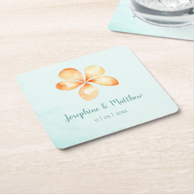 Posavasos Cuadrado De Papel Boda acuático Island Plumeria (En perspectiva)