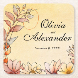 Posavasos Cuadrado De Papel Boda Amarillo de color acuático Floral Terracotta 