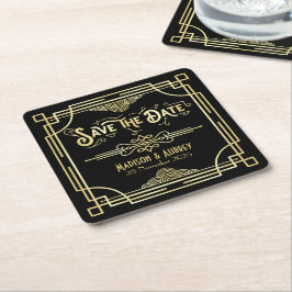 Posavasos Cuadrado De Papel Boda Art Deco Elegante Oro Negro Guardar la fecha