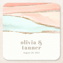 Posavasos Cuadrado De Papel Boda artístico de acuarela costera abstracta